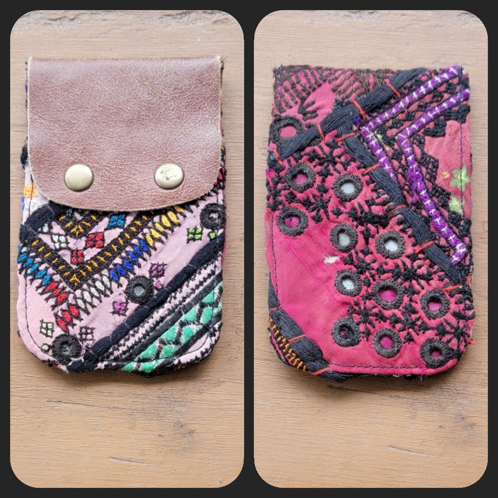 🥂🕺 Free People Boho Embroidered Repurposed vtg banjara hippie Wallet card case